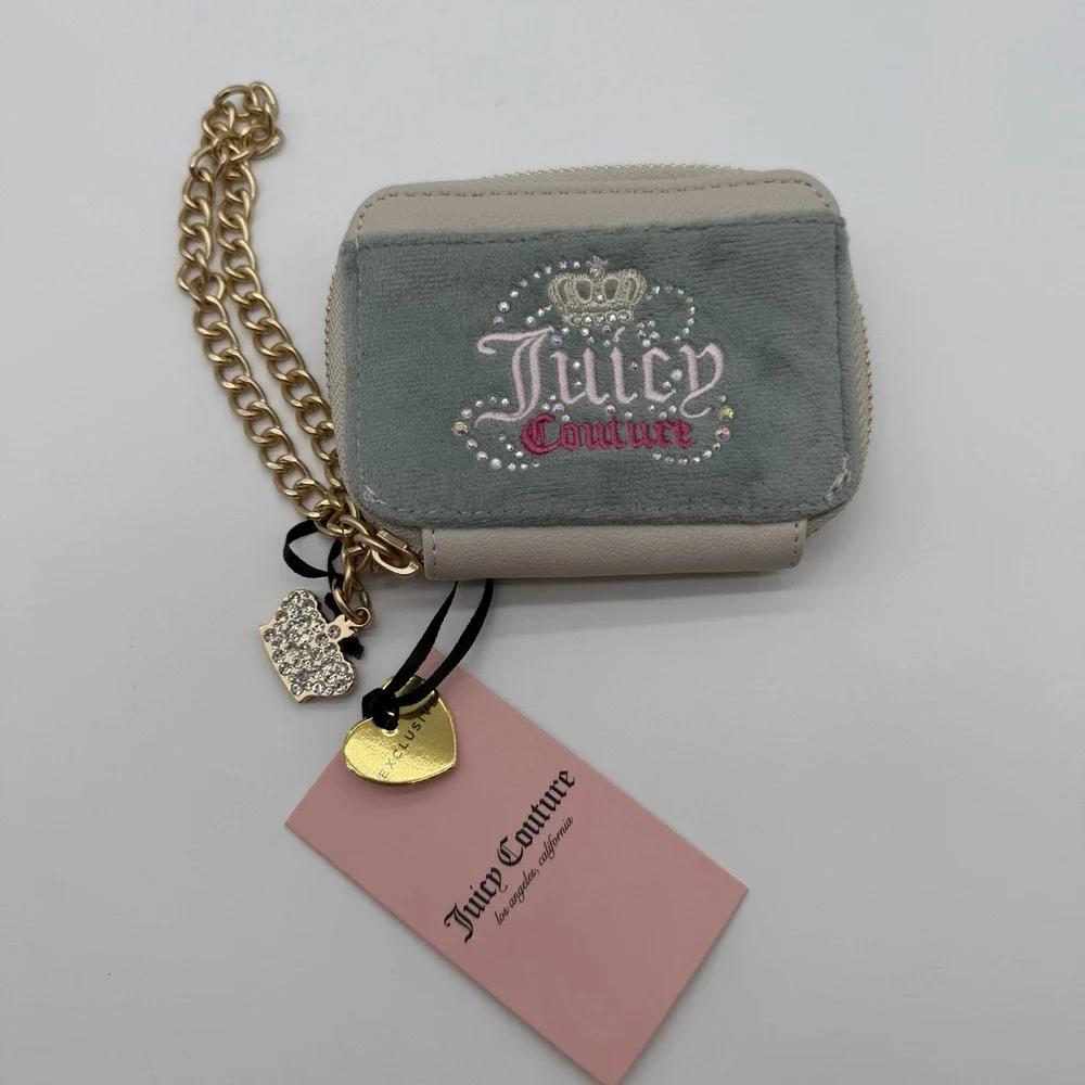 Juicy Couture Dreamy Shoulder Bag & Matching Zip Card Case Sage Green Velour NWT